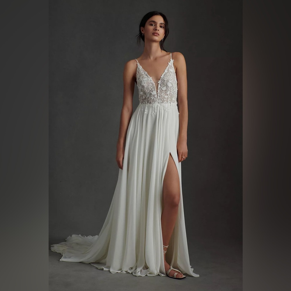 BHLDN Jenny by Jenny Yoo Kelsey Chiffon & Lace V-Neck A-Line Wedding Gown - Picture 2 of 13